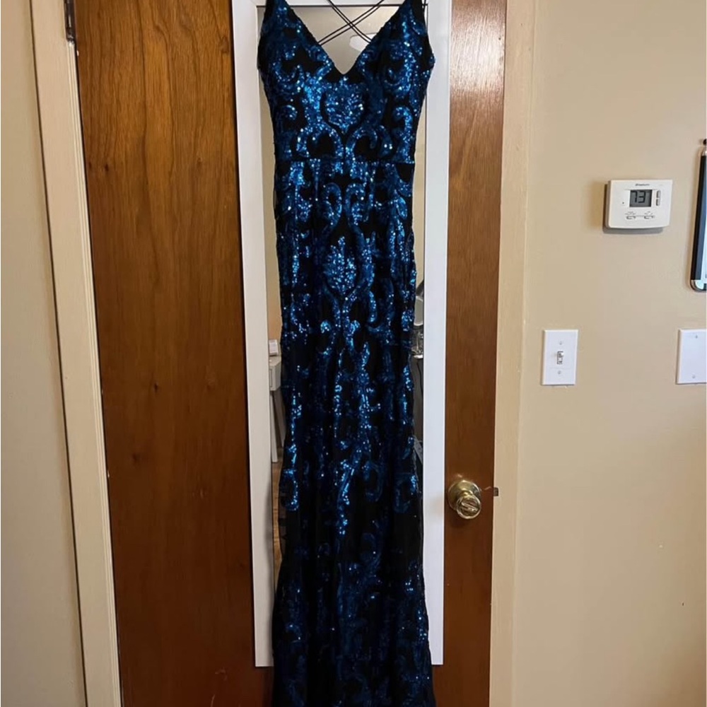 Elegant Blue and Black Sequin Gown